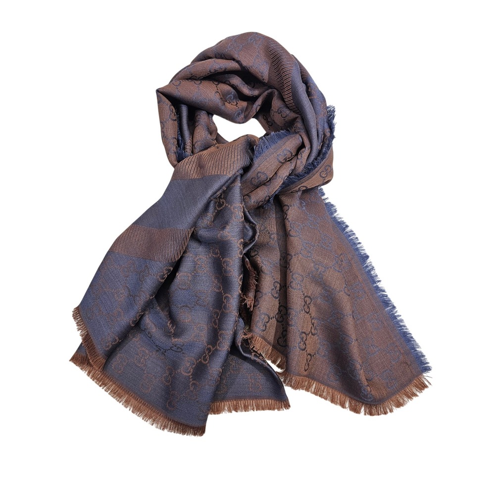 Gucci GG Monogram Scarf Unisex Brown Blue Jacquard Silk Wool Fringed Shawl Wrap